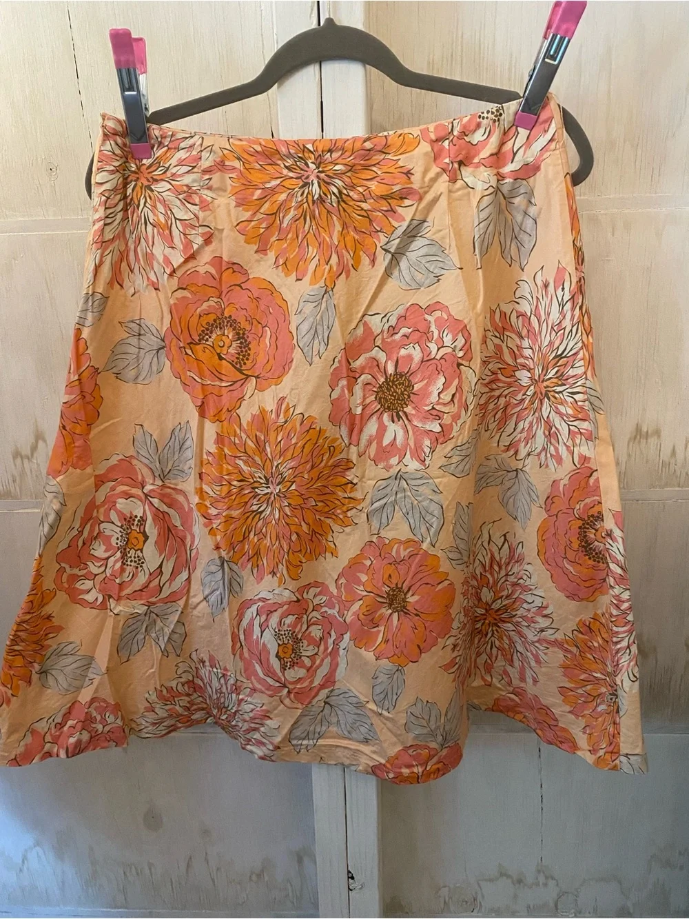 New York & Company Peach Floral A-Line Skirt with Coral and Orange Blooms